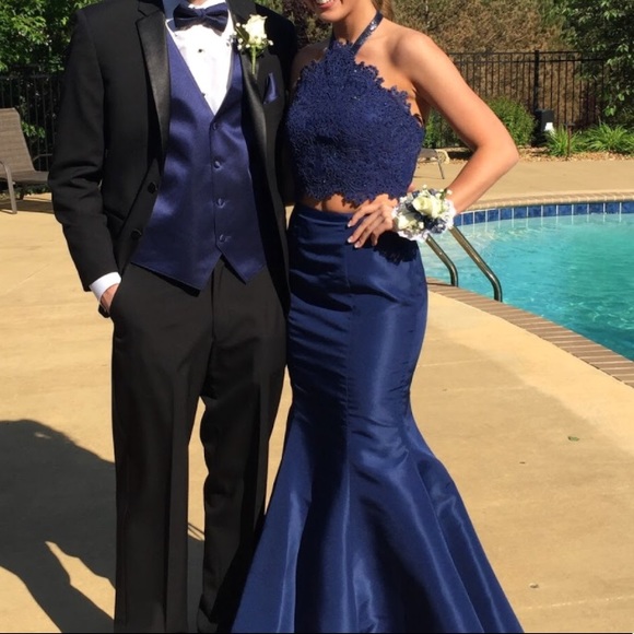blue two piece mermaid prom dress